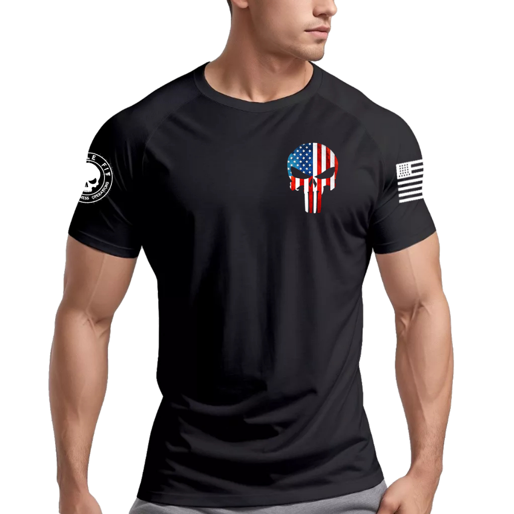Camiseta Dry Fit Original Masculina Caveira EUA USA c/Patches Academia Muscle Fit