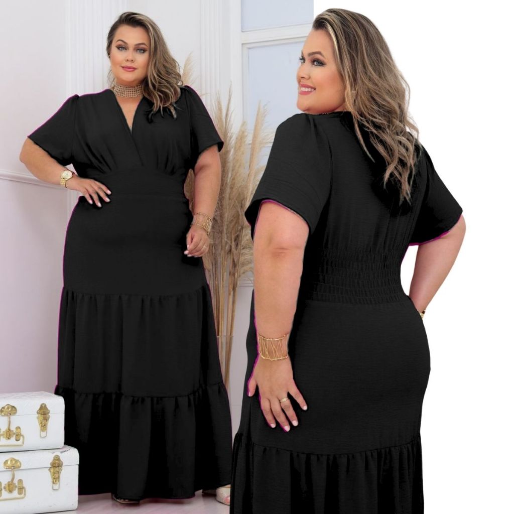 Vestido Longo Plus Size Manga Bufante Linha Luxo