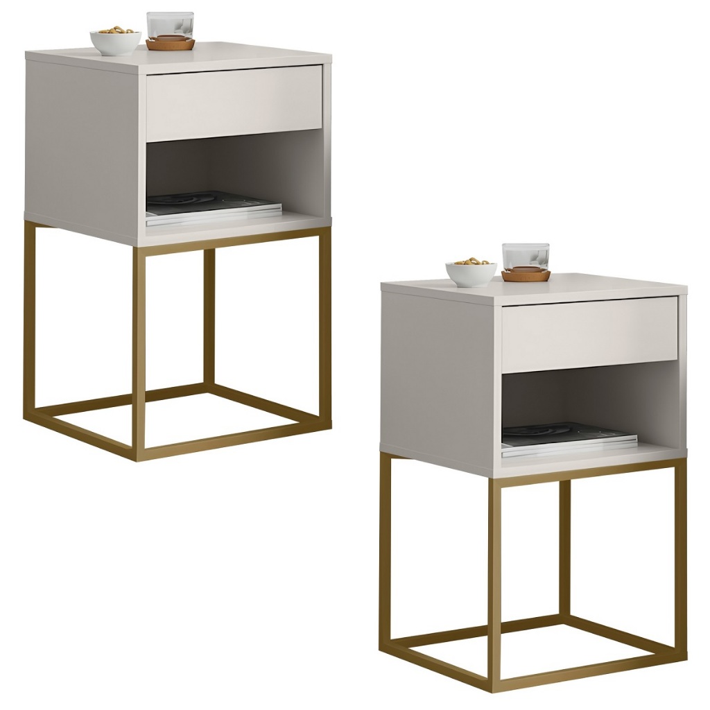 Kit 2 UN Mesa de Cabeceira Sofia Estilo Industrial Base de Aço com 1 Gaveta E Nicho - LH Móveis