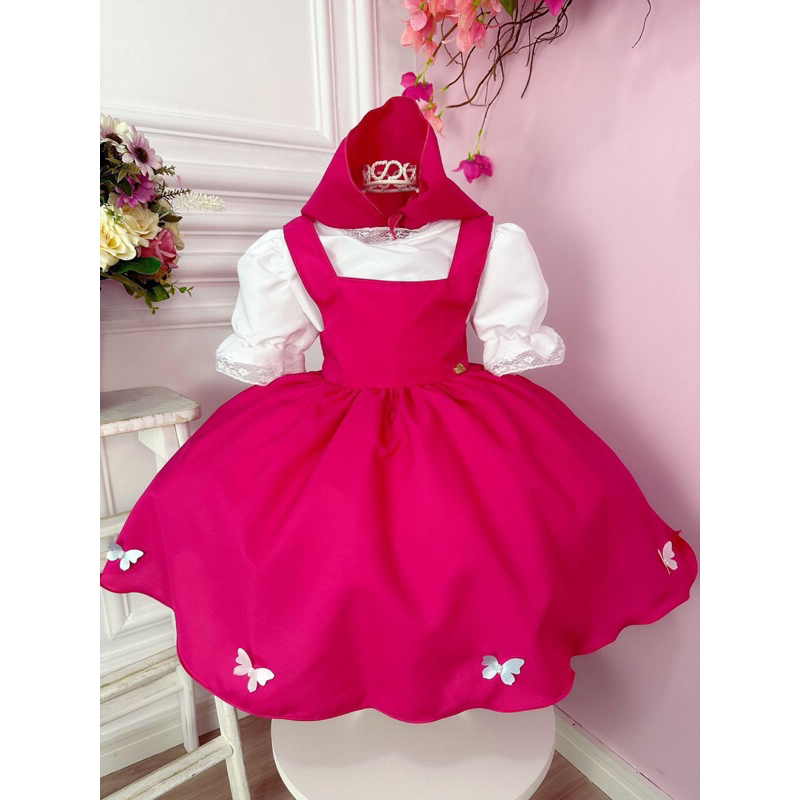 Vestido Infantil Jardineira Pink com Lenço Luxo Masha e o Urso Festa Aniversário Temático Primeiro aninho