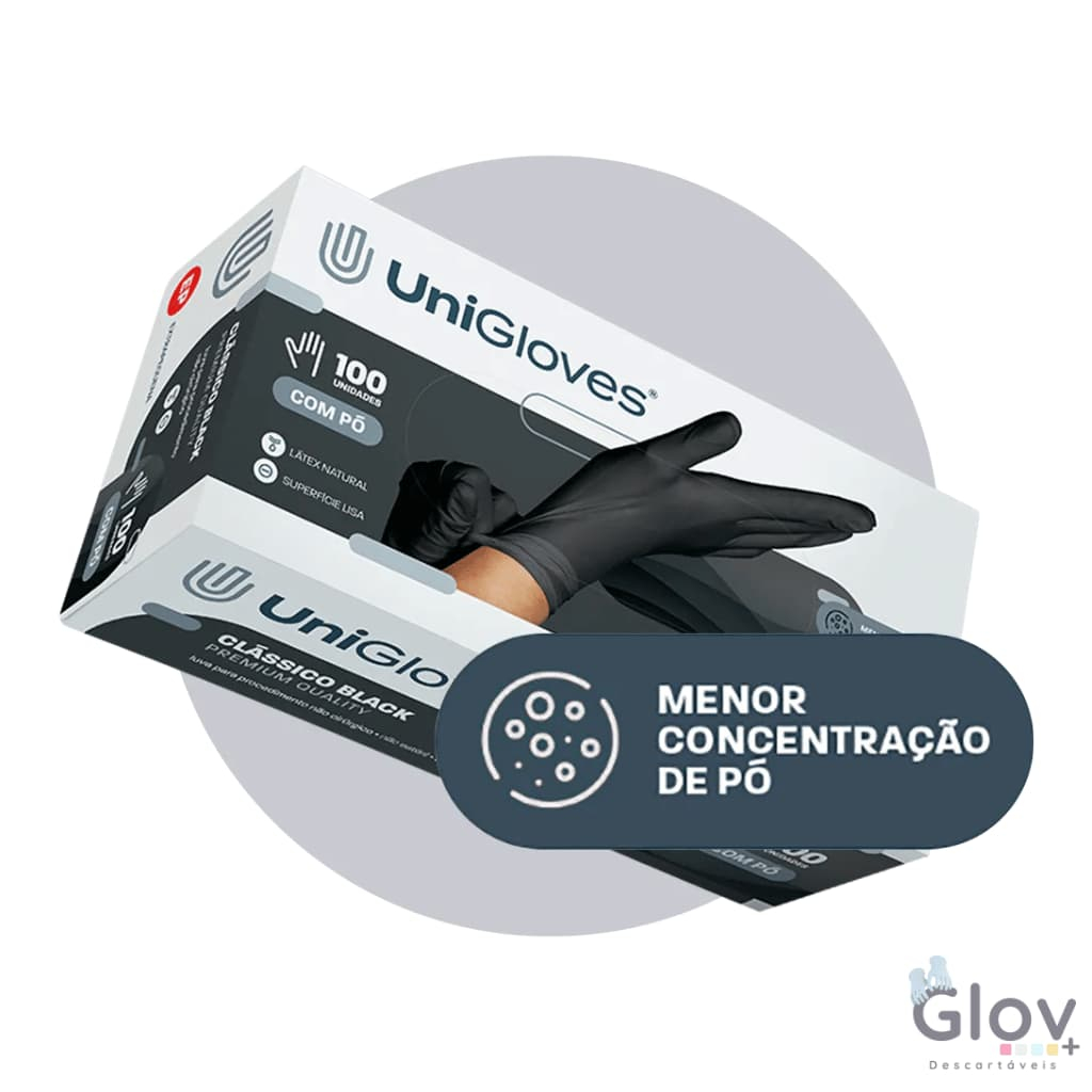 Luva Preta Latex Profissional UniGloves Com Pouco Pó Caixa 100 Unidades Tatoo/Barbearia — imagem 2 de 2