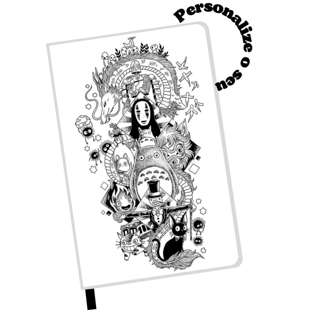 Caderno Personalizado Studio Ghibli skecthbook moleskine anime Totoro sem rosto Chihiro calcifer