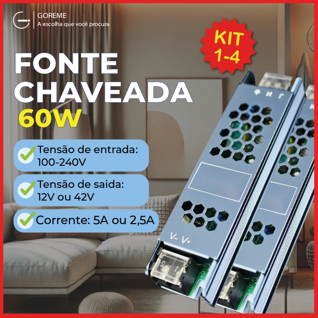 Fonte Chaveada 5A-2.5A 12V-24V 60w P/ Cftv Fita Led Bivolt 110V-220V em Oferta na Shopee
