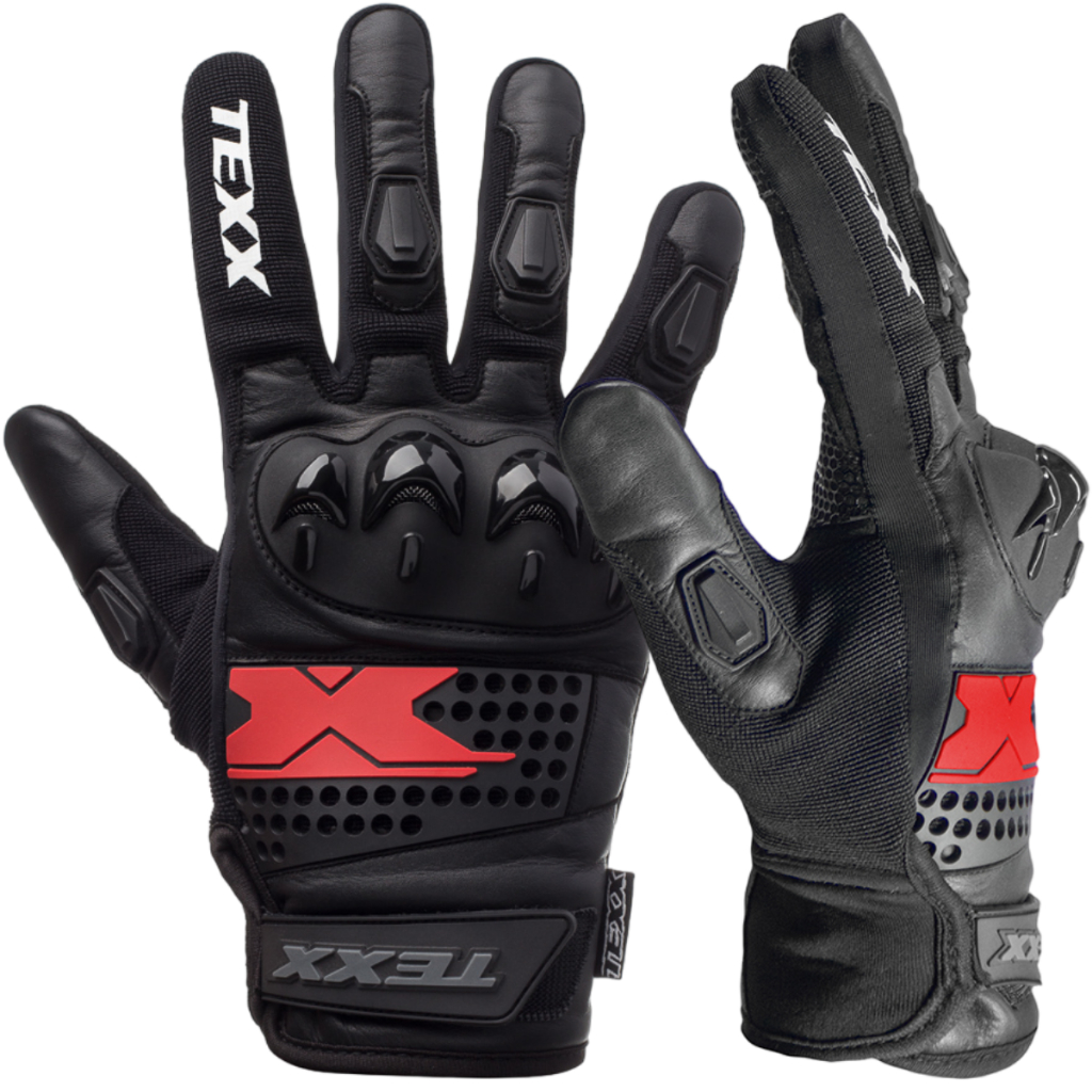 Luva Texx Old Shoot Cano Curto Cor Preto com Vermelho Confortavel em Couro Com Protecao Motociclista