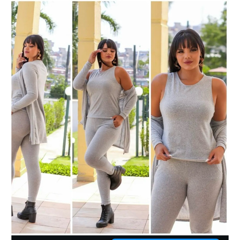 Conjunto de 3 peças  Lanzinha Premium Casual Cardigan Elastano Estiloso Confortável Moda Inverno