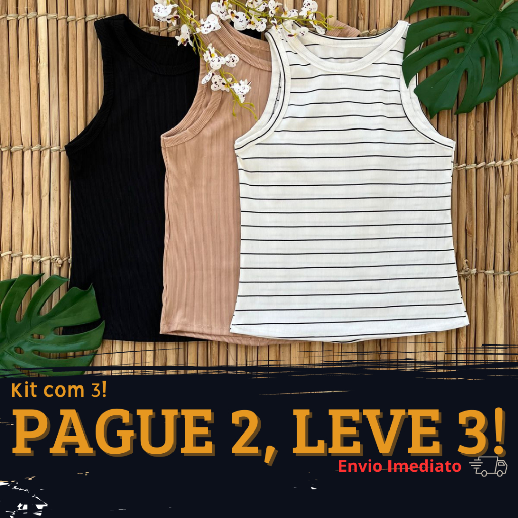 Kit 3 Regata Feminina Canelada Listrada e Lisa Camiseta Básica Blusa Feminino Casual
