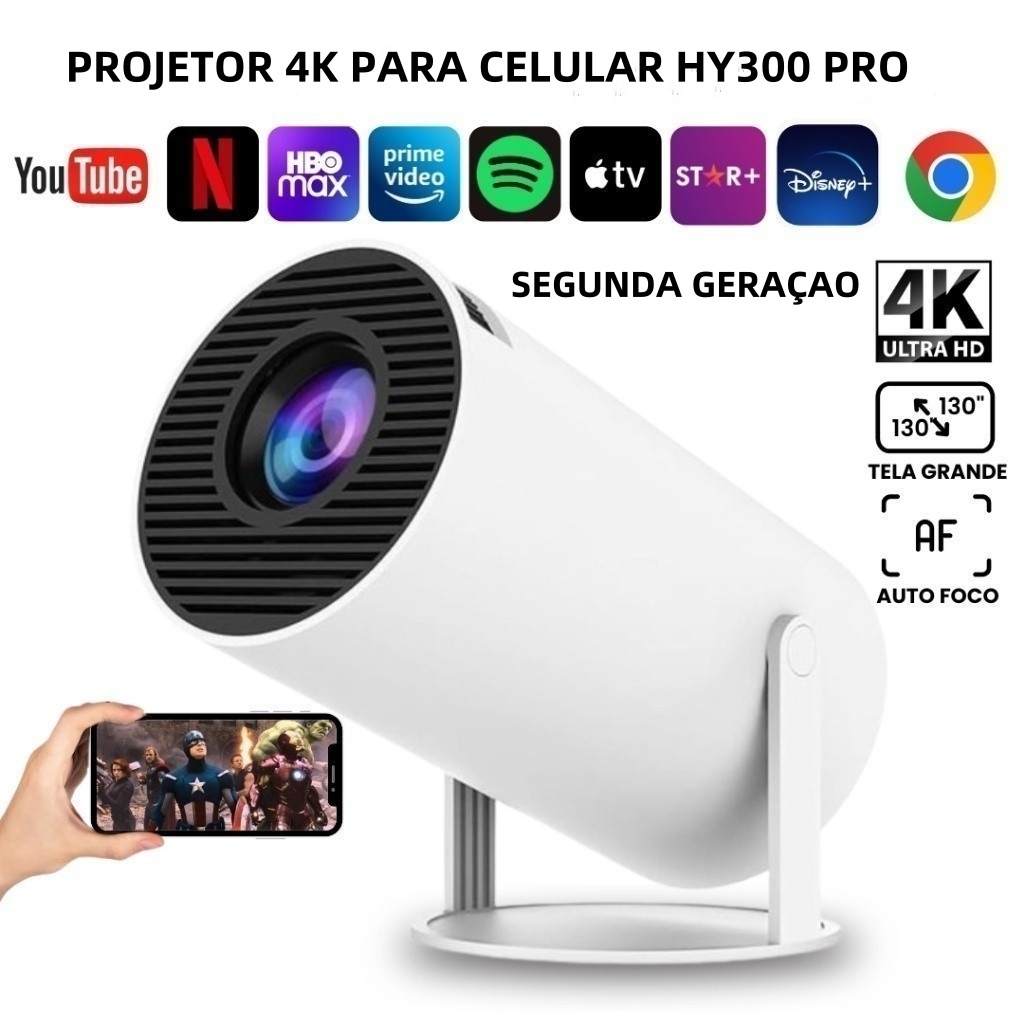 Projetor Segunda geraçao Wi-fi lançamento Portátil com Android HDMI Smart Cinema Hy300 PRO...