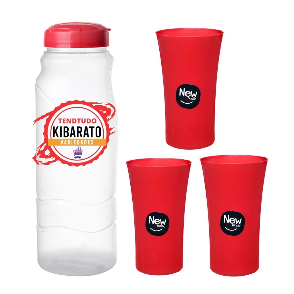Kit Garrafa para Geladeira 1,4 Litros + Três Copos Plus 450 ml  New Plastic Multiuso Kibarato