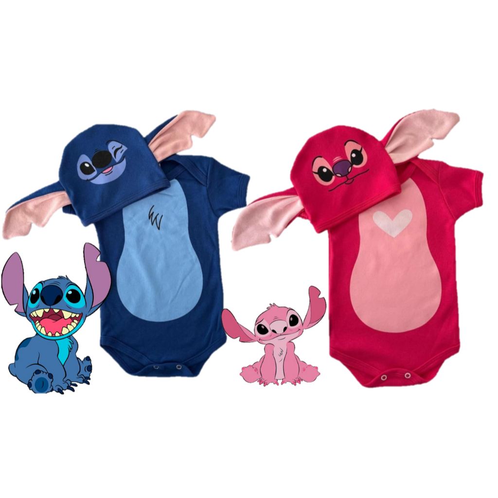 Bady Bebe Lillo e Stitch Body + Touca Bori Temático Angel Rosa  Mesversario