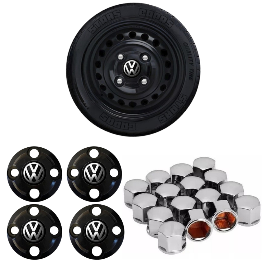 Jogo Calotinhas Centrais + Capa Parafuso Cromada Volkswagen aro 13 14 15 somente para rodas com 4 furos 16 capas para parafuso roda carro cromadas