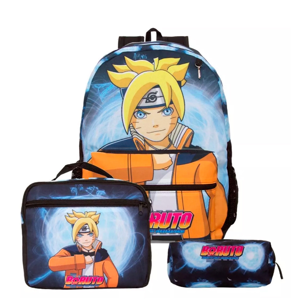 Kit Mochila de Costas Juvenil com Lancheira Térmica e Estojo Escolar Boruto