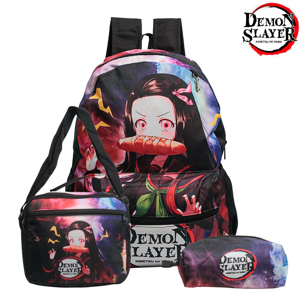 Kit Mochila de Costas Juvenil com Lancheira Térmica e Estojo Escolar Demon Slayer
