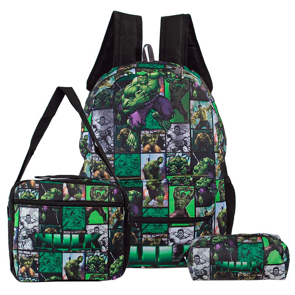 Kit Mochila Juvenil de Costas com Lancheira Térmica e Estojo Escolar Hulk