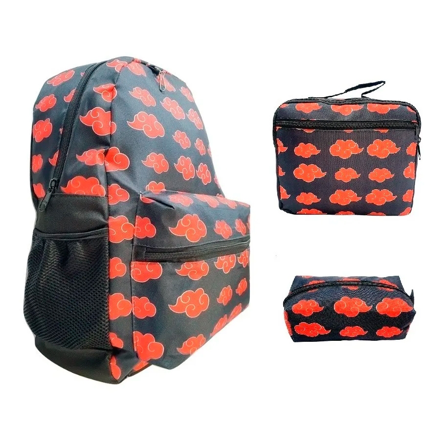 Kit Mochila de Costas Juvenil com Lancheira Térmica e Estojo Escolar Naruto Akatsuki