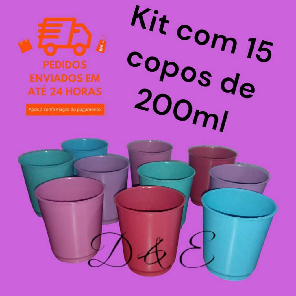 Kit 15 copos de 200ml colorido