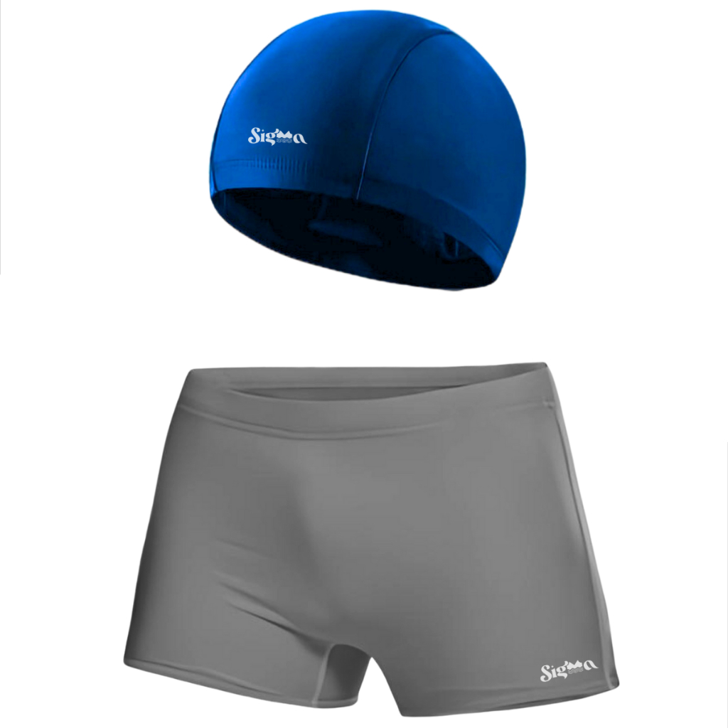 Kit Masculino Natação Moda Praia Touca Preta e Marinho Sunga Boxer Box Lisa Básica Proteção Solar Uv