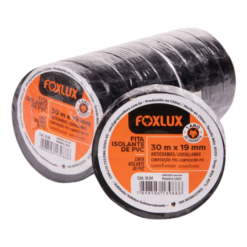 Fita Isolante Elétrica PVC Antichamas Foxlux 30m x 19mm 600V Kit 10 unidades