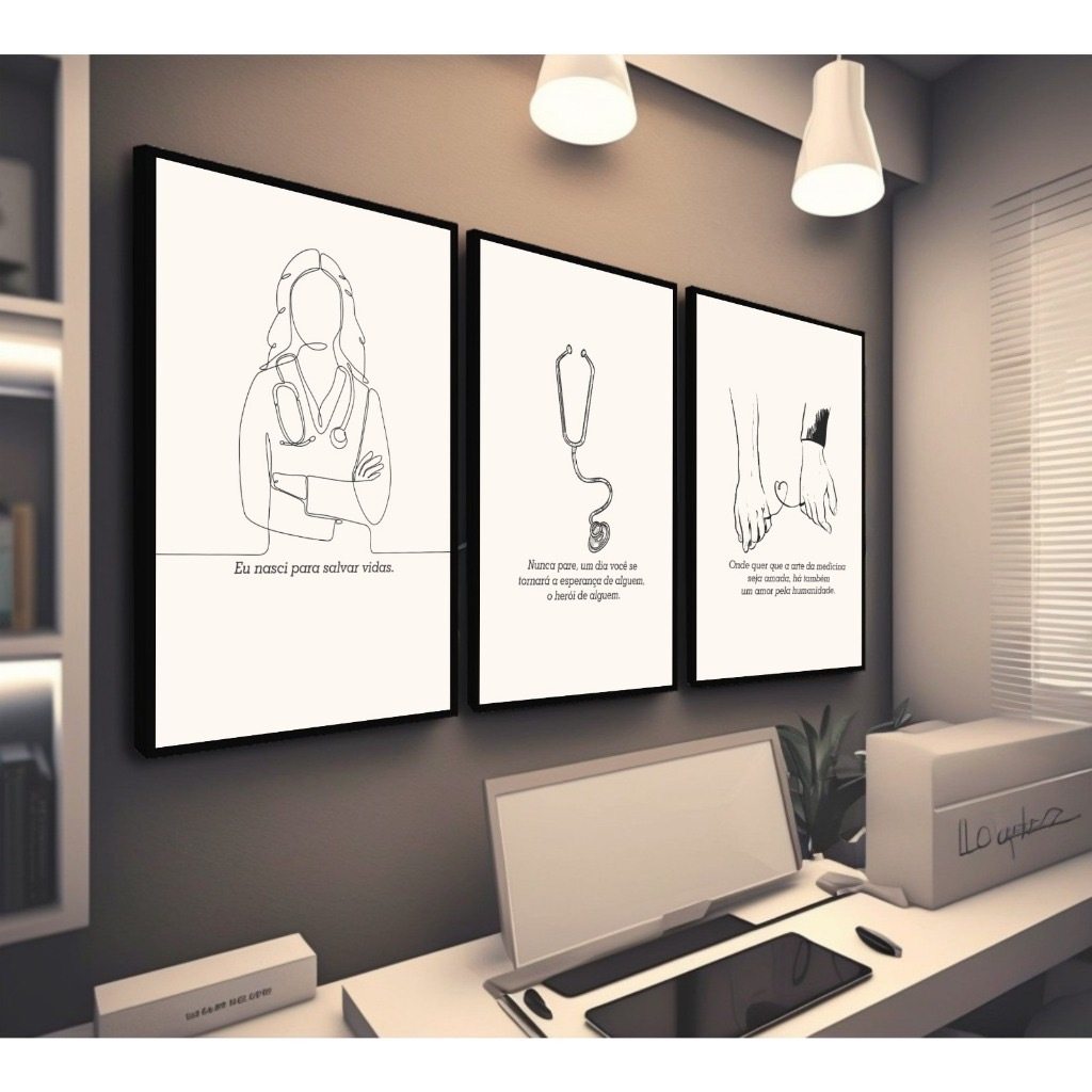 kit 3 quadros decorativos medicina estetoscópio médicos saúde bem estar com molduras