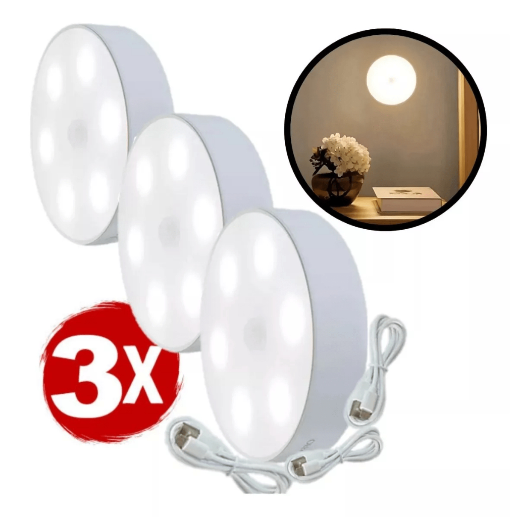 Kit 3 Lâmpada de Parede com Sensor de Movimento de 8 LEDs Recarregável por USB em Oferta na Shopee
