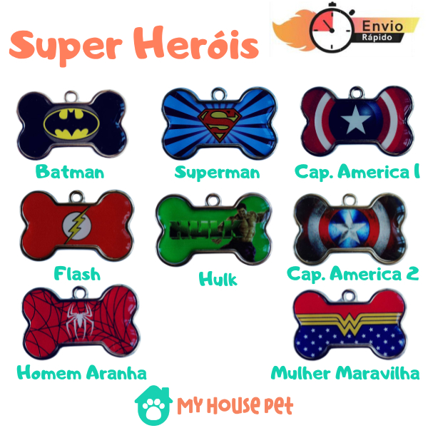 Placa Medalha Plaquinha de Identificação Pingente SUPER HERÓIS Personalizado Pet Cachorro Cão e Gato