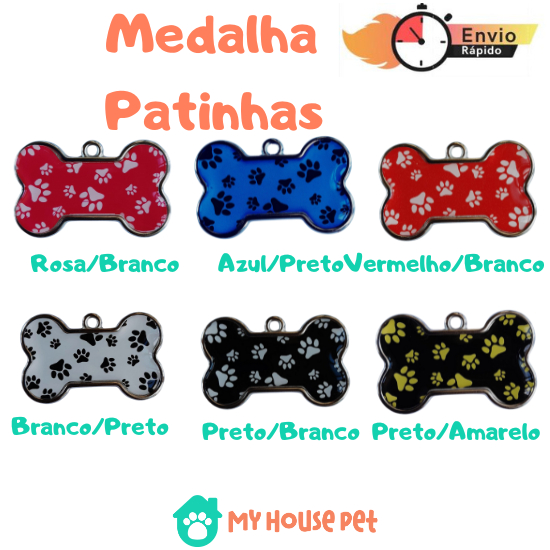 Placa Medalha Plaquinha de Identificação Pingente Patinhas Personalizado Pet Cachorro Cão e Gato