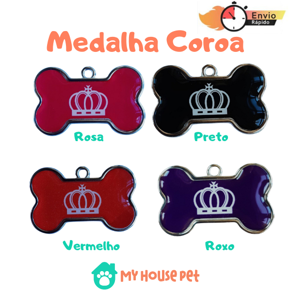 Placa Medalha Plaquinha de Identificação Pingente Coroa Personalizado Pet Cachorro Cão e Gato