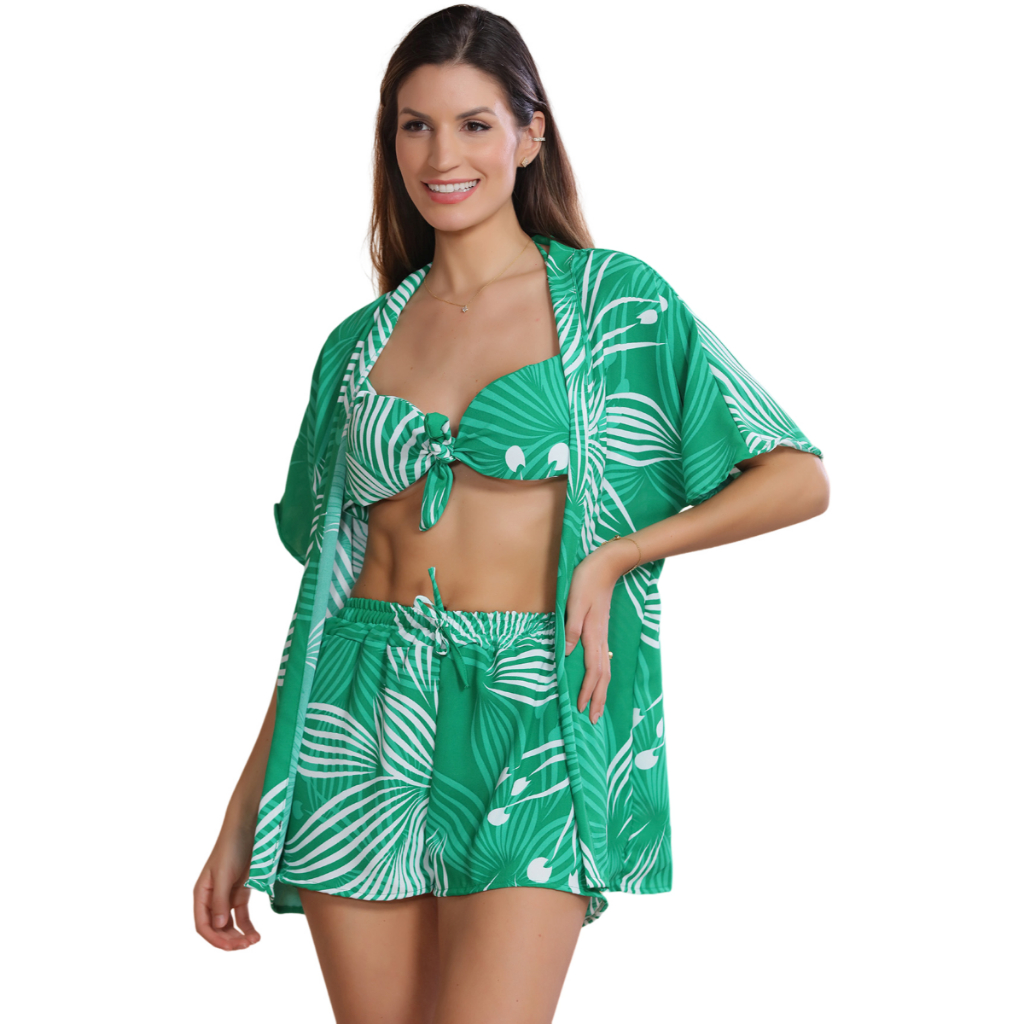 Conjunto Feminina 3 Peças (kimono+short+cropped) Moda Praia Viscose Estampas