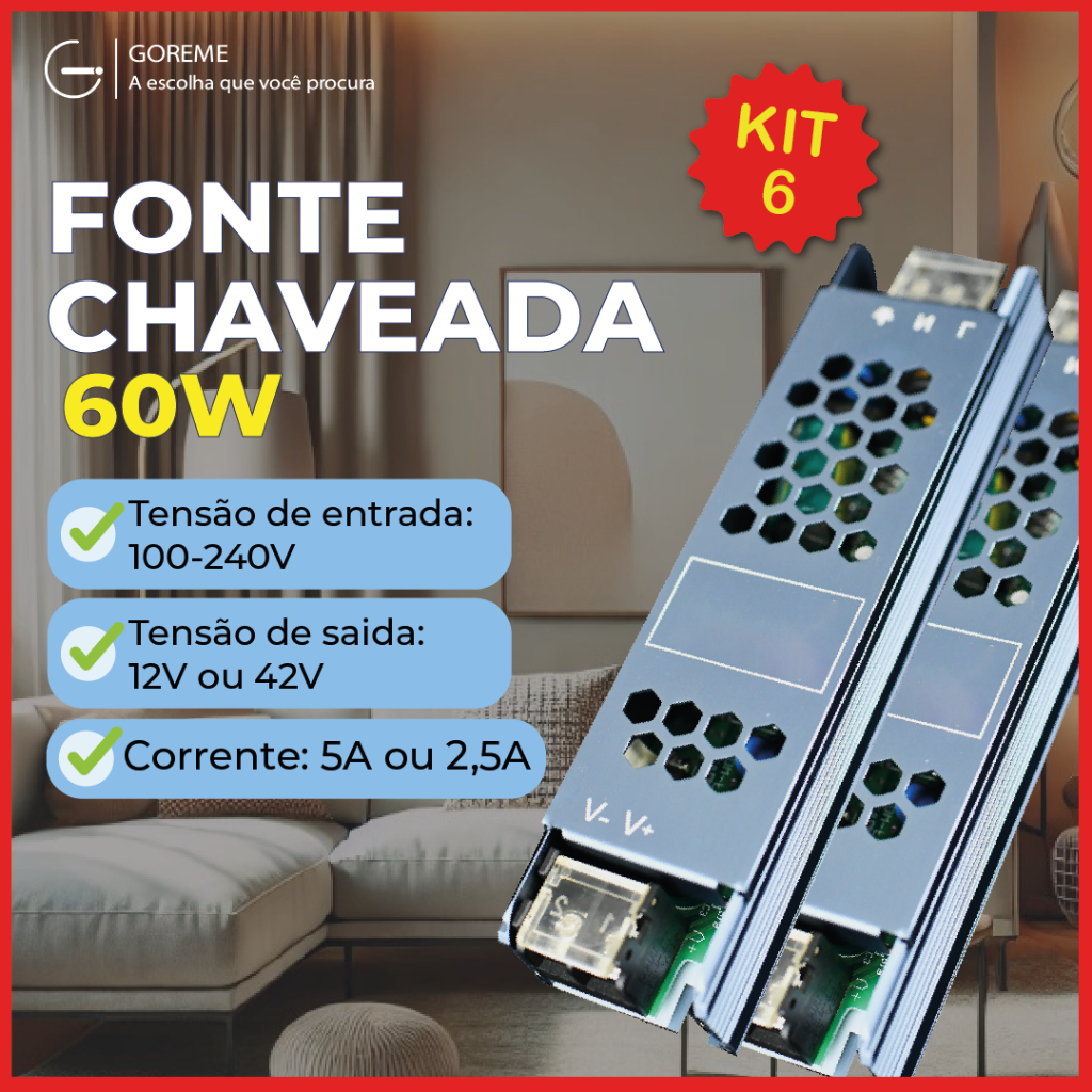Kit 6 Fonte Chaveada 5A-2.5A 12V-24V 60w P/ Cftv Fita Led Bivolt 110V-220V em Oferta na Shopee