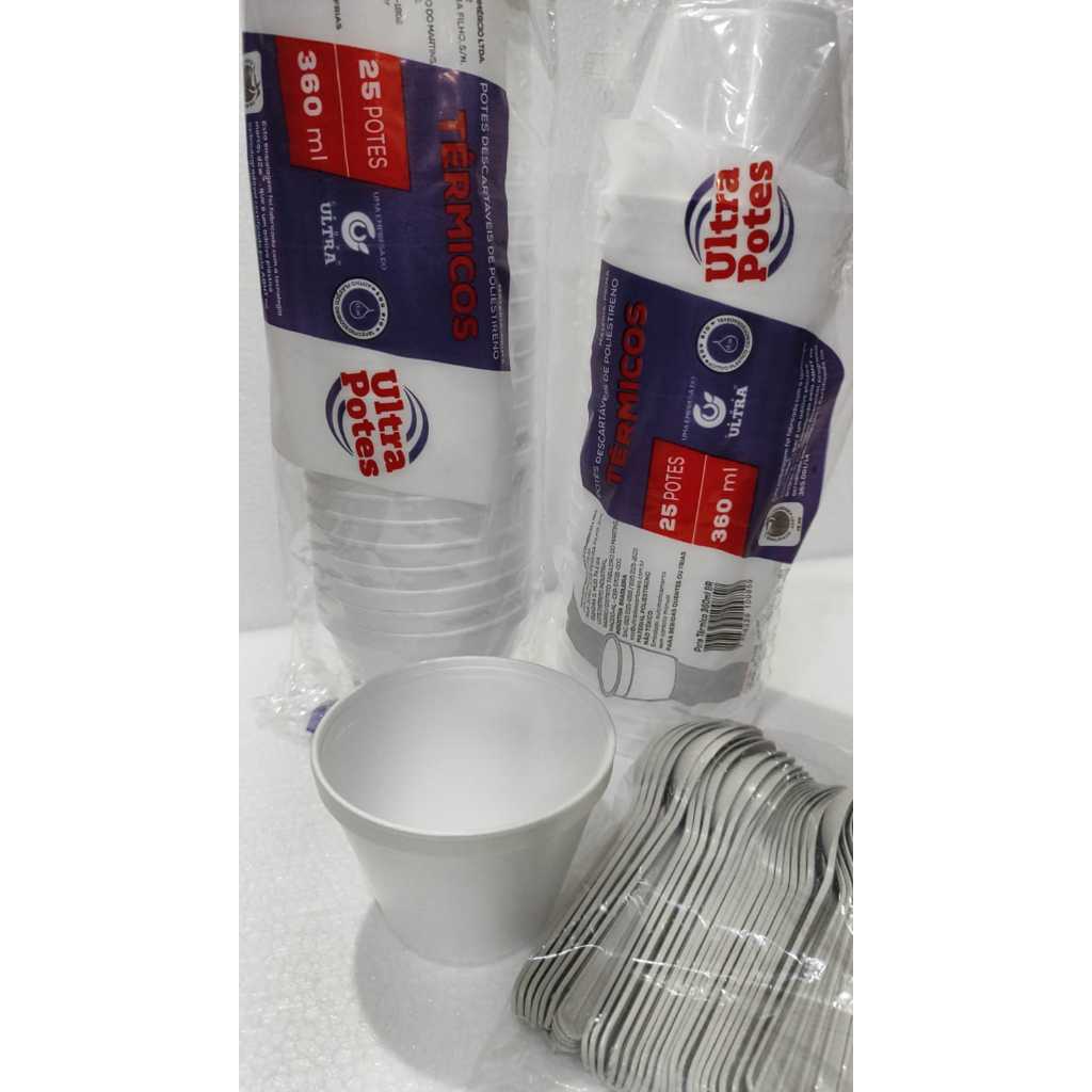 Pote Isopor térmico 360ml 50unidades + Colher refeição caldo 50unidades