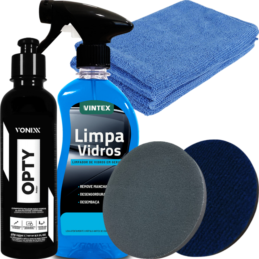 Opty Polidor de Vidros Para-Brisa + Limpa Vidro 500ml + Boinas de Polimento Lona Carpete em Oferta na Shopee