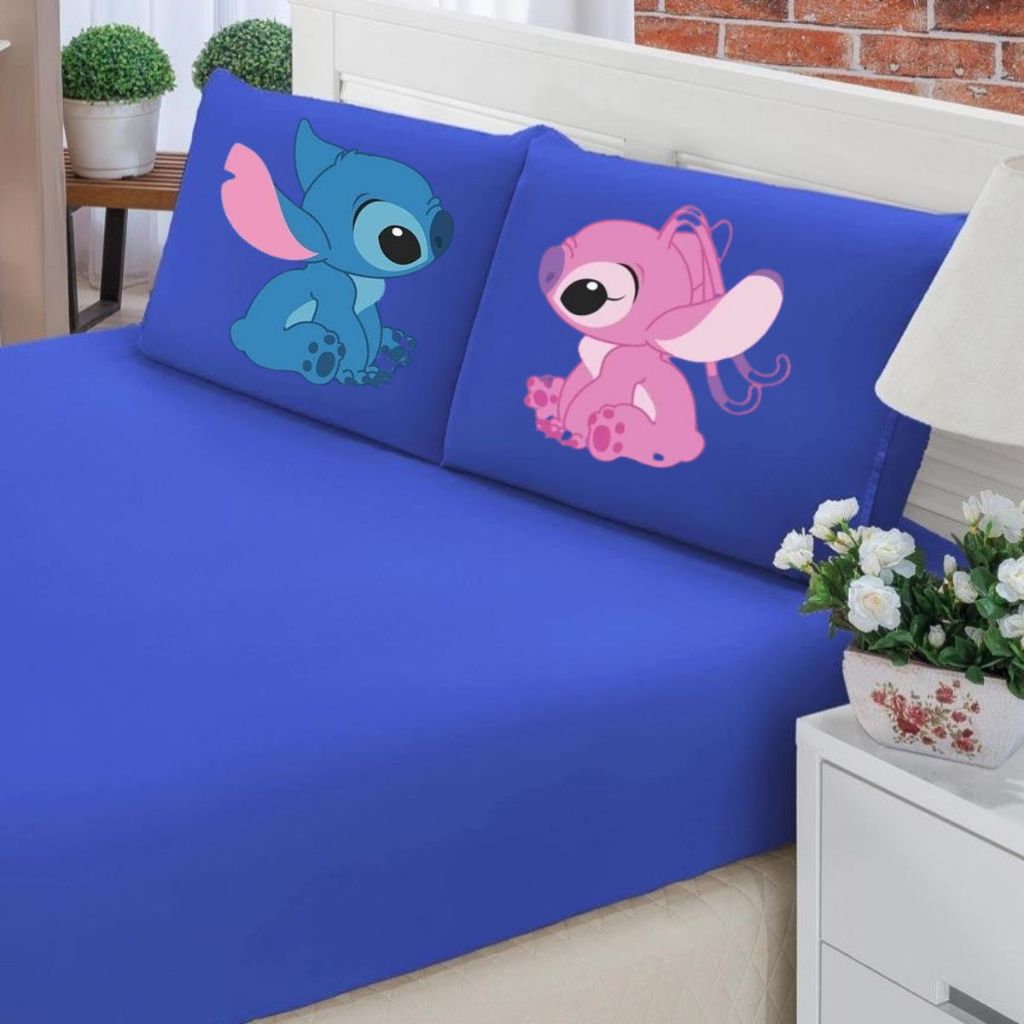 JOGO DE LENÇOL C/ELÁSTICO CASAL QUEEN/ KING STITCH SE OLHANDO 3 PEÇAS em Oferta na Shopee