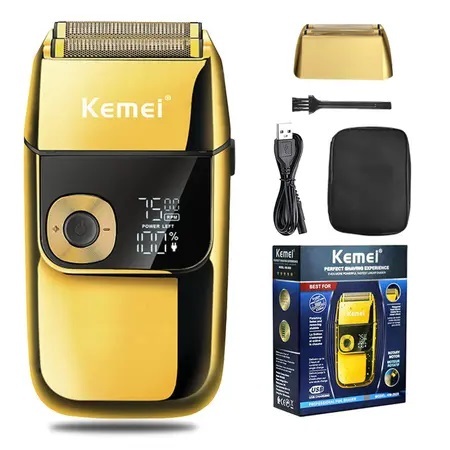 Lâminas de barbear elétricas KEMEI para homens, LCD Display Navalhas masculinas sem fio, USB recarregável Km-2028 Gold
