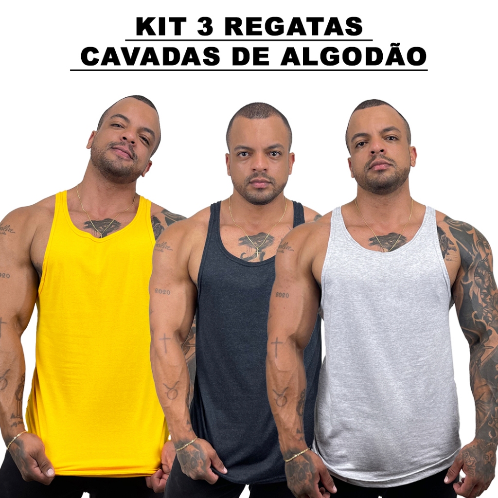 Kit 3 Regatas Masculina Cavadas Amarelo + Grafite + Cores Nadador 100% Algodão Lisa Básica - Bombey