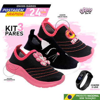 Kit 3 Pares Calce Fácil Slip on Tênis sem cadarço Menina Bichinhos Personagens Emborrachad...