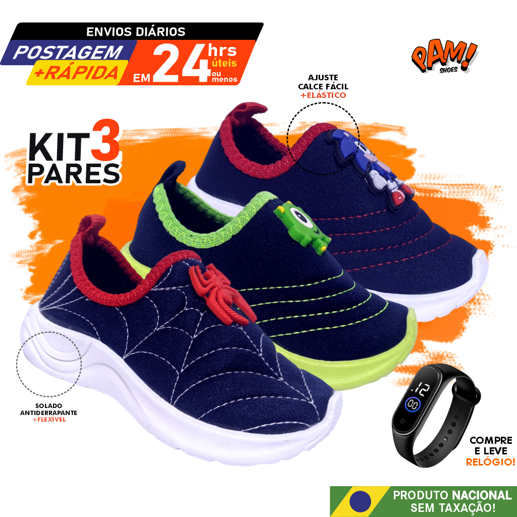 Tênis Menino Calce Fácil Kit 3 Pares combo + Relógio digital em LED