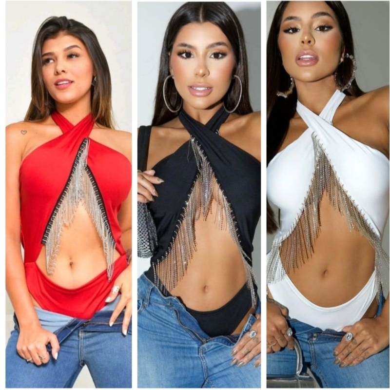 BODY CRUZADO DE FRANJA FEMININO COSTAS NUA,COM STRASS-ANA CASTELA,BLUSA BORY FESTA,BALADA,PROMOÃO