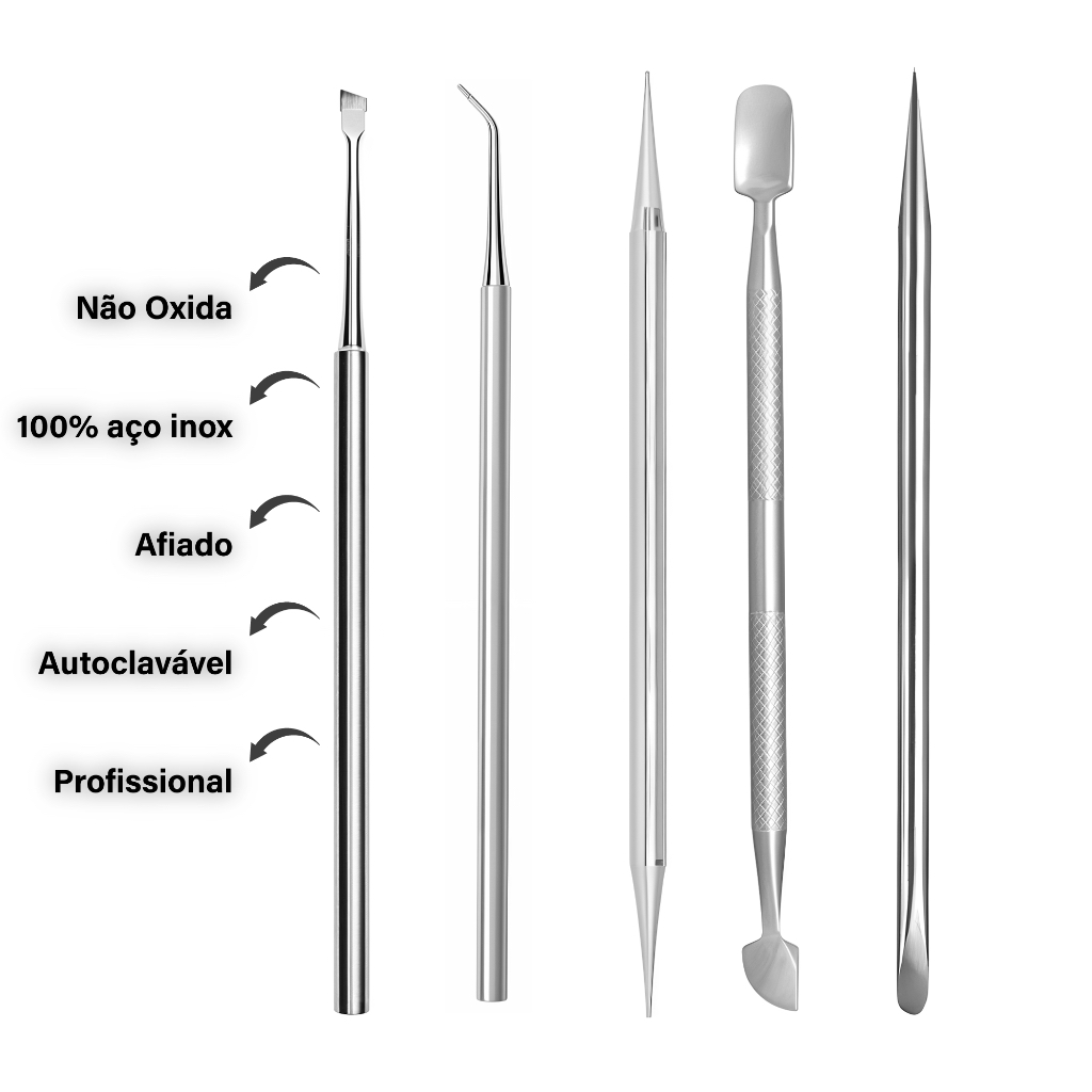 Kit Manicure Profissional 5 Itens Espátulas Palitos Aço Inox - Pedicure Podologia