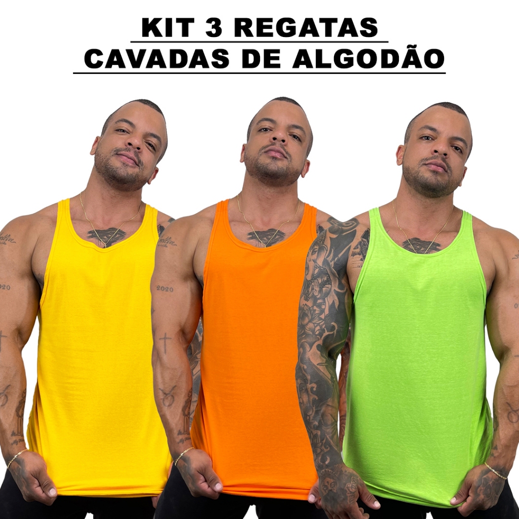 Kit 3 Regatas Masculina Cavadas Amarelo + Laranja + Cores Nadador 100% Algodão Lisa Básica - Bombey