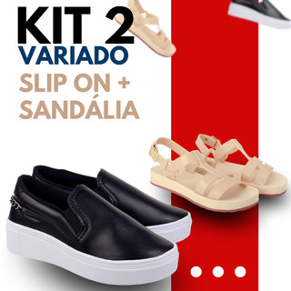 Tênis Kit 2 Pares  Slip On Plataforma Confortável Macio Mais Sandália Rasterinha Macia Leve Promoção