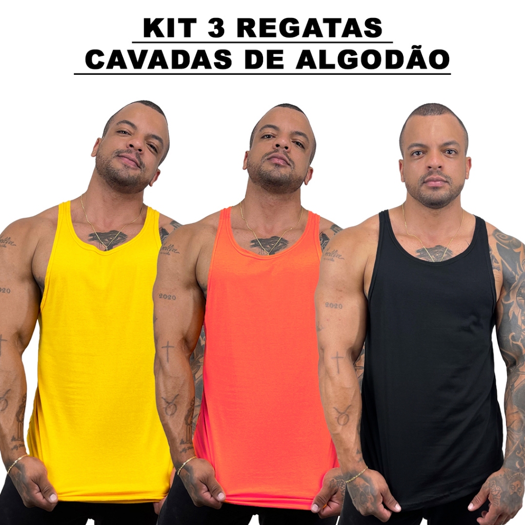Kit 3 Regatas Masculina Cavadas Amarelo + Laranja Neon + Cores 100% Algodão Lisa Básica - Bombey