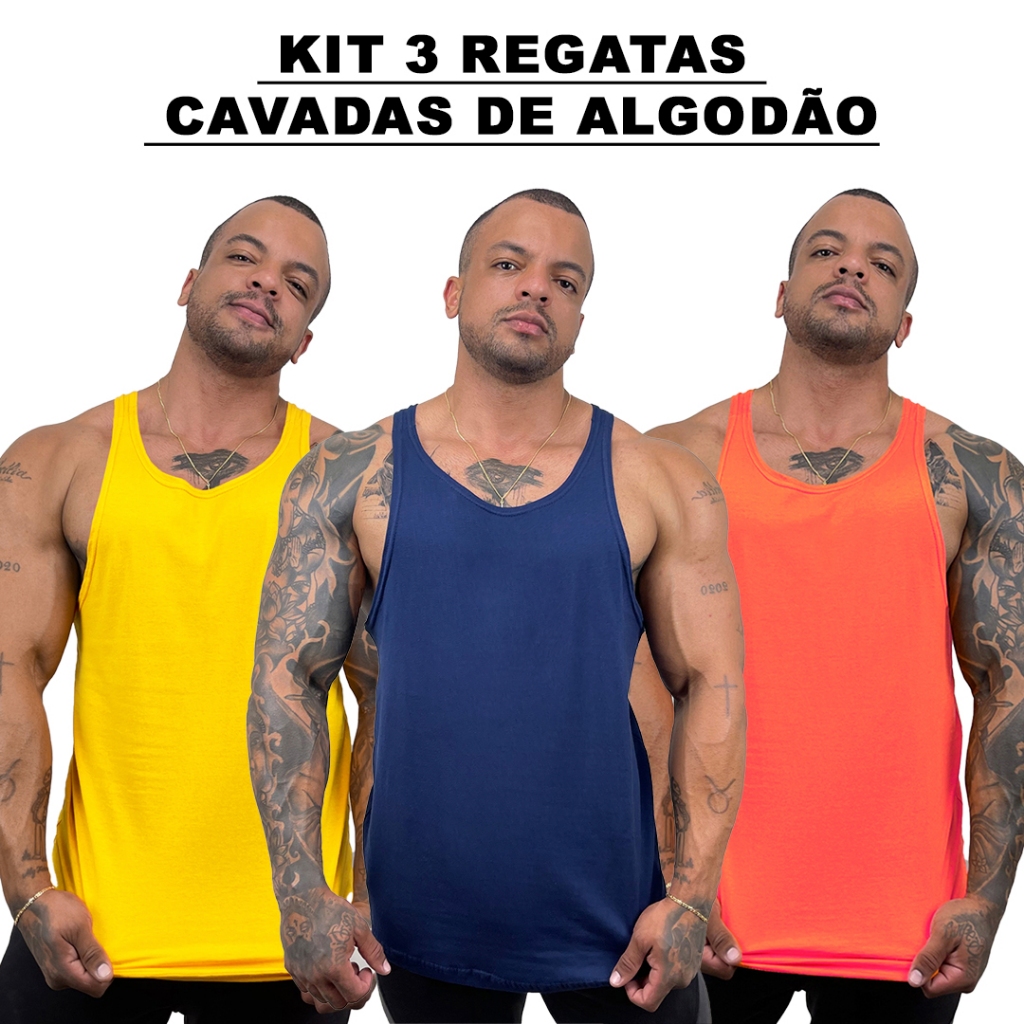 Kit 3 Regatas Masculina Cavadas Amarelo + Marinho + Cores Nadador 100% Algodão Lisa Básica - Bombey