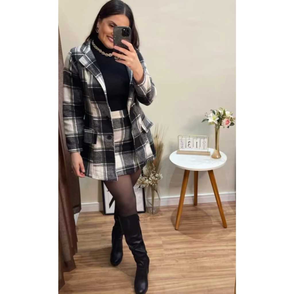CONJUNTO DE BLAZER + SHORT SAIA XADREZ TECIDO LÃ BATIDA