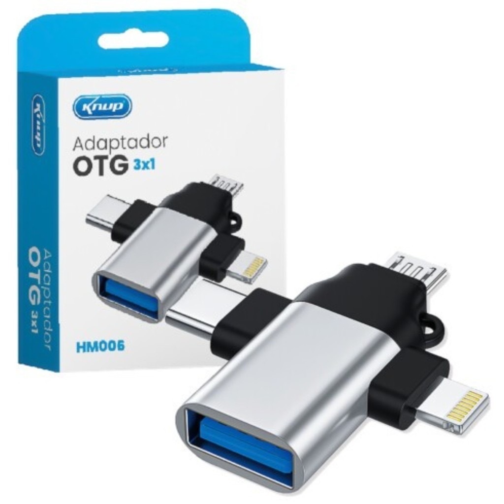 Adeptador OTG 3 Em 1 USB para Lightning/ Tipo C / V8 Universal Multifuncional Universal Knup HM006
