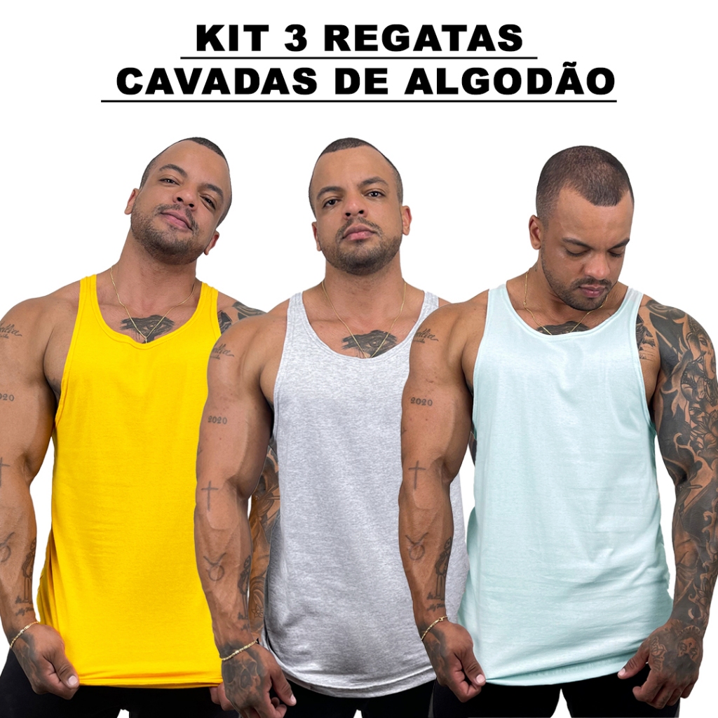 Kit 3 Regatas Masculina Cavadas Amarelo + Mescla + Cores Nadador 100% Algodão Lisa Básica - Bombey