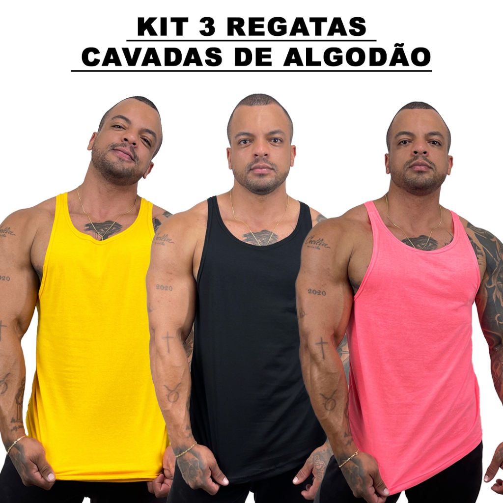 Kit 3 Regatas Masculina Cavadas Amarelo + Preto + Cores Nadador 100% Algodão Lisa Básica - Bombey