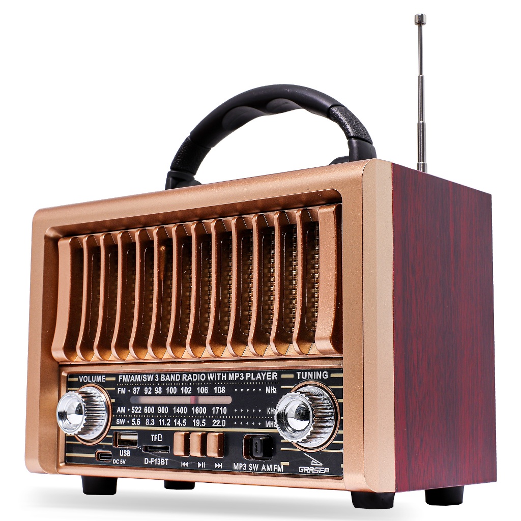Rádio Retro Portátil Vintage Bluetooth Cartão SD Usb FM AM SW Antena Analógica MP3 Recarregavel