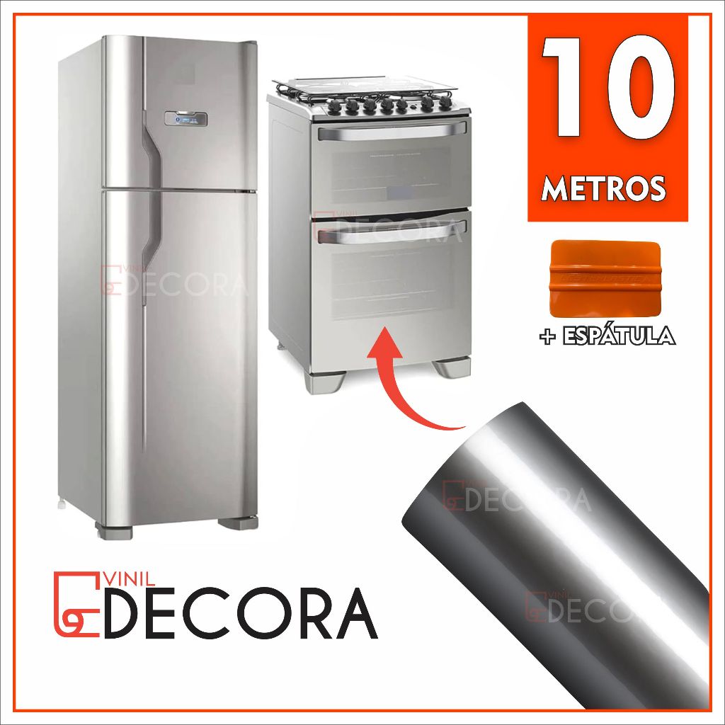 10 metros Adesivo Película Vinil Prata Tipo Inox Impermeável + Espatula P Aplicação Envelopar Fogão Geladeira Móveis