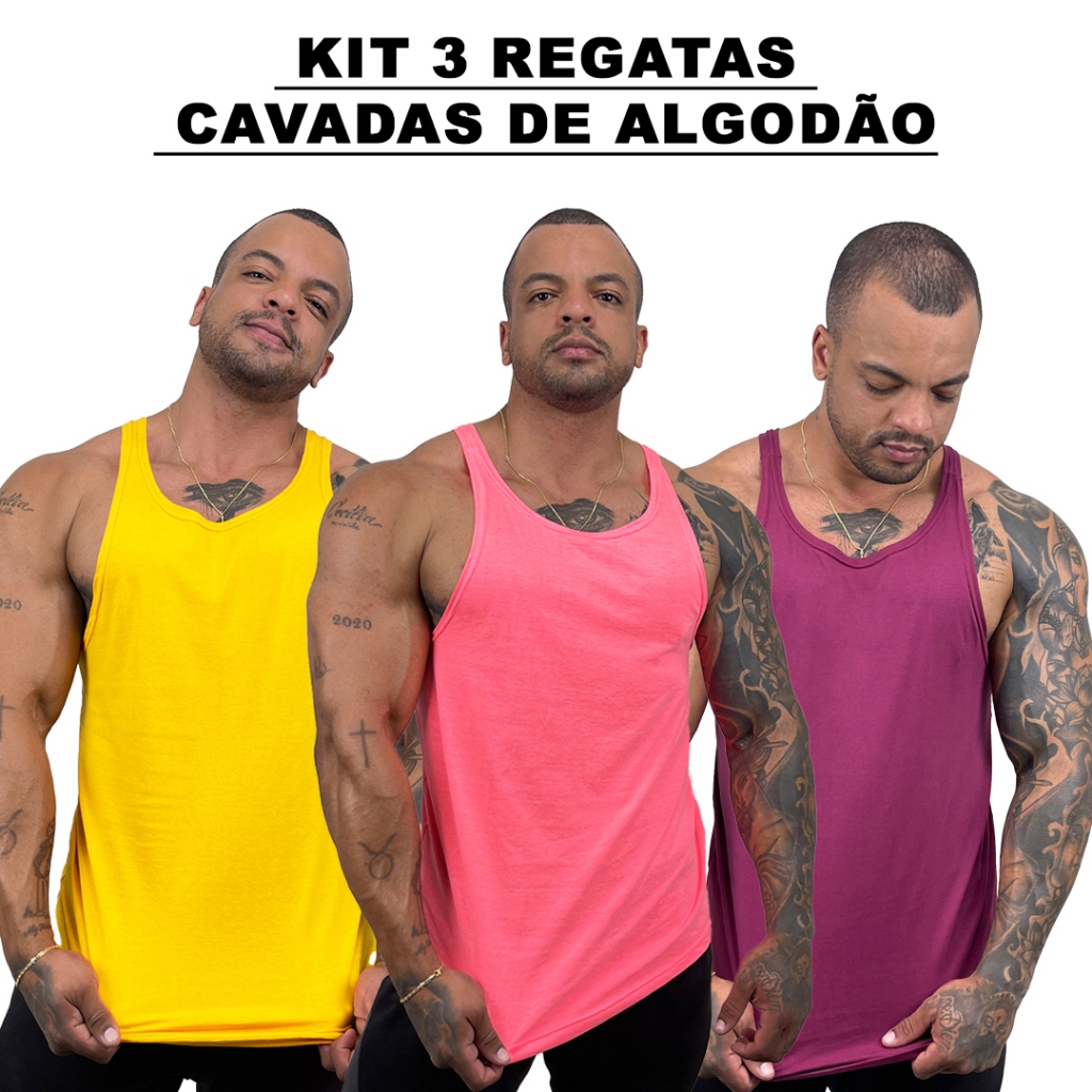 Kit 3 Regatas Masculina Algodão Cavada Costas Nadador Básica Lisa Bombey Amarelo + Rosa Neon + Cores