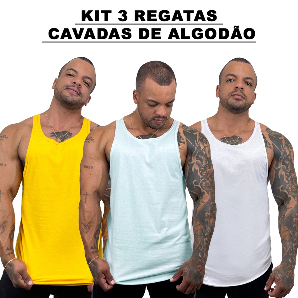 Kit 3 Regatas Masculina Algodão Cavada Academia Lisa Básica Bombey Amarelo + Verde Agua + Cores