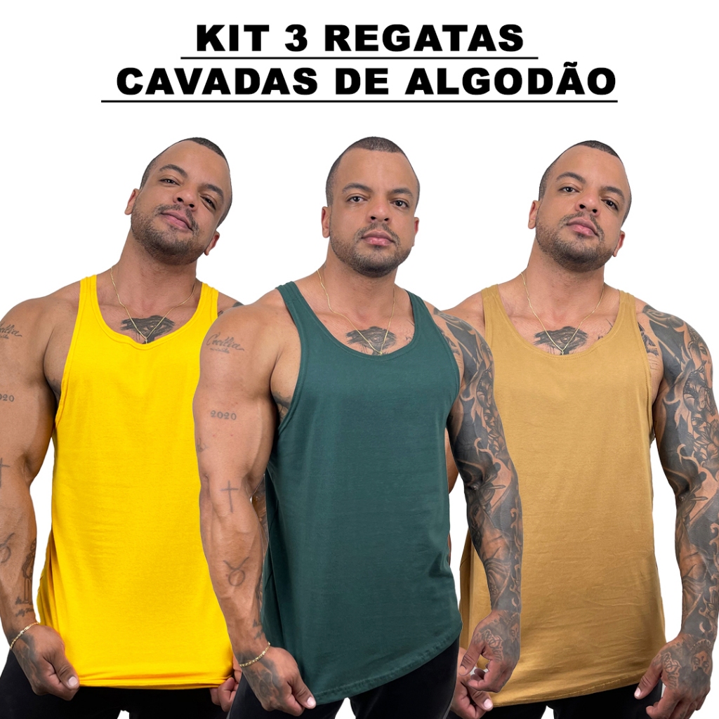 Kit 3 Regatas Masculina Cavadas Amarelo + Verde Musgo + Cores 100% Algodão Lisa Básica - Bombey